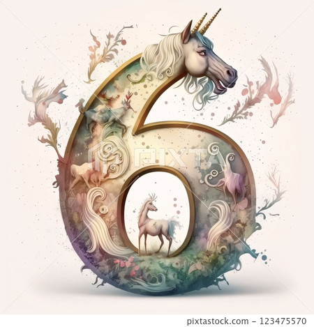 Number six with unicorn and floral ornament, digital watercolor painting. 123475570