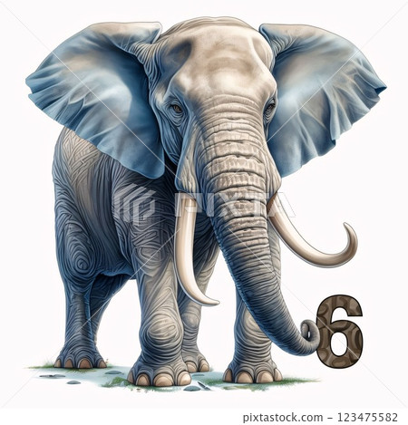 Elephant with 6 number, isolated on white background, 3d illustration Elephant with 6 number, isolated on white background, 3d illustration 123475582