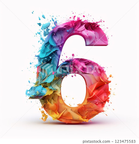 Number 6 made of multicolored paint splashes isolated on white background 123475583