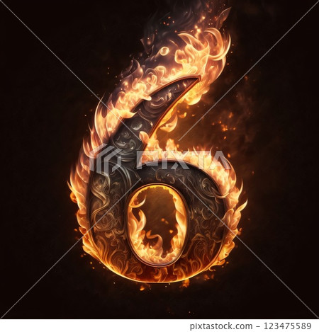 Burning number 6 on a black background. 3D Illustration 123475589
