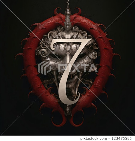 Vintage gothic shield with number seven. 3d rendering 123475595