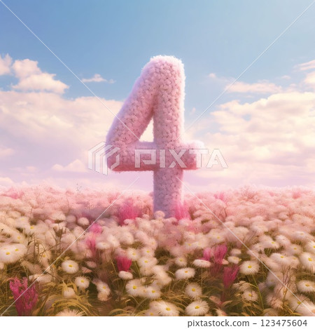 Number 4 made of foam and flowers in the field. 3D rendering Number 4 made of foam and flowers in the field. 3D rendering 123475604