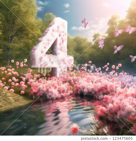 Number 4 surrounded by flowers and butterflies. 3D render illustration. Number 4 surrounded by flowers and butterflies. 3D render illustration. 123475605