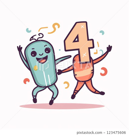 Vector illustration of happy pill character running with number 4. Flat style design. 123475606