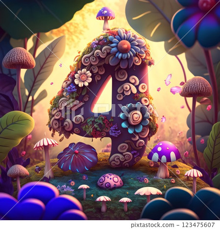 Number 4 in the forest with mushrooms and butterflies - 3d illustration Number 4 in the forest with mushrooms and butterflies - 3d illustration 123475607