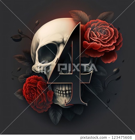 Number 4 with skull and red roses on dark background. 3d illustration Number 4 with skull and red roses on dark background. 3d illustration 123475608
