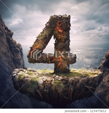Fiery letter 4 on the rock. 3d render illustration. 123475612