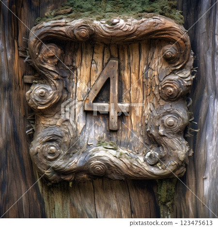 Number 4 carved in a wooden wall with moss and lichen. Number 4 carved in a wooden wall with moss and lichen. 123475613