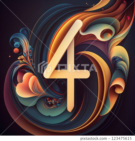 3D illustrationative number 4 with abstract swirls, digital art 3D illustrationative number 4 with abstract swirls, digital art 123475615