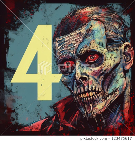 Zombie face with number four. Grunge background. Vector illustration. Zombie face with number four. Grunge background. Vector illustration. 123475617