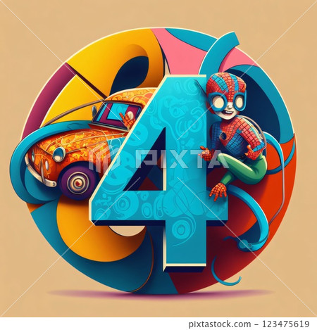 Number 4 with funny robot and car. 3d vector illustration. 123475619