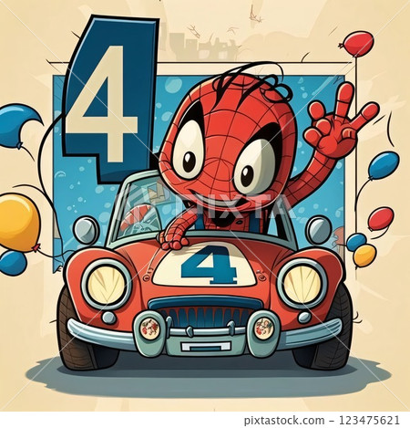 Vector illustration of Cartoon Cute Red Robot with Number Four on the Car Vector illustration of Cartoon Cute Red Robot with Number Four on the Car 123475621