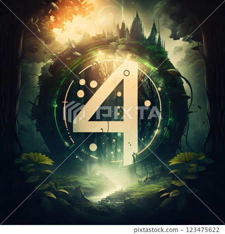 Number four in dark forest with magical portal. Halloween concept. 3D Rendering Number four in dark forest with magical portal. Halloween concept. 3D Rendering 123475622