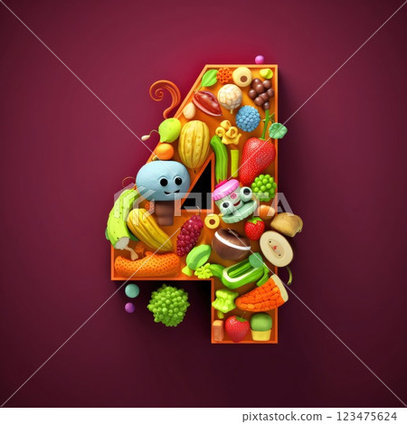 Fruits and vegetables font. Letter 4. 3D illustration. Fruits and vegetables font. Letter 4. 3D illustration. 123475624
