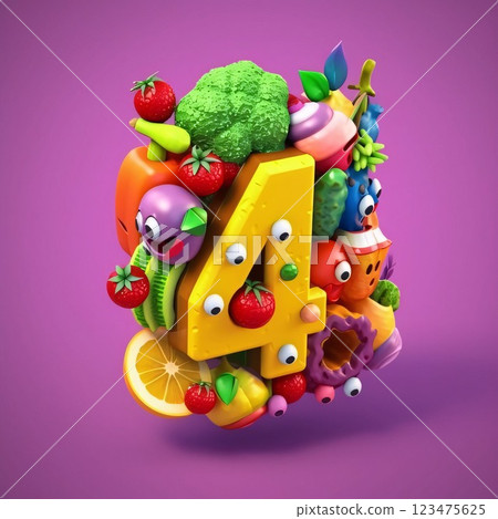 Fruits and vegetables font. Letter 4. 3d render illustration Fruits and vegetables font. Letter 4. 3d render illustration 123475625