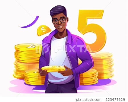 Vector illustration of a young Indian man holding gold coins in his hands. Vector illustration of a young Indian man holding gold coins in his hands. 123475629