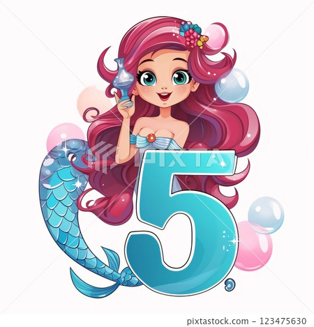 Cute little mermaid with number 5. Cartoon vector illustration. 123475630