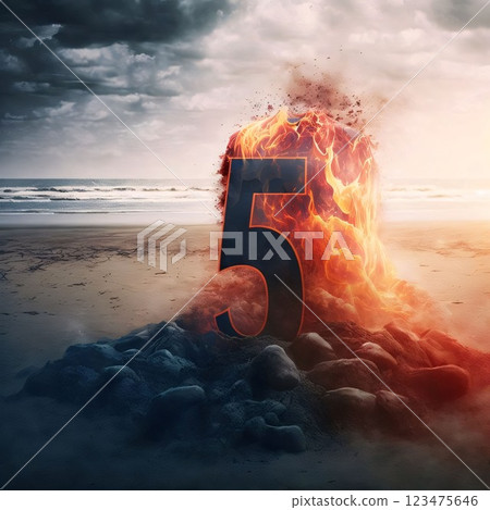 Burning number five on the beach at sunset. 3d illustration 123475646