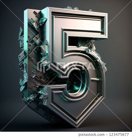Metal number 5 on a black background. 3d render illustration. 123475677