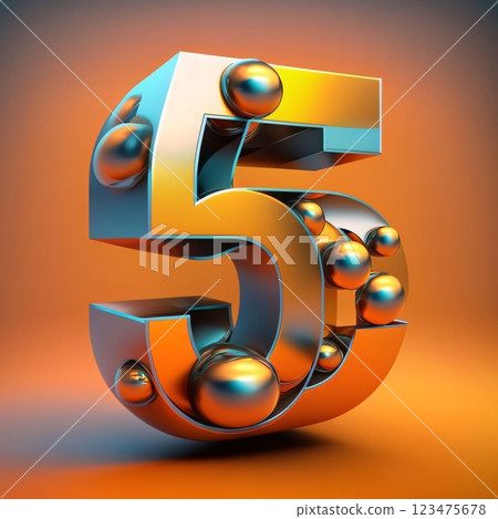3D render shiny metallic number 5 isolated on orange background with reflection. 123475678