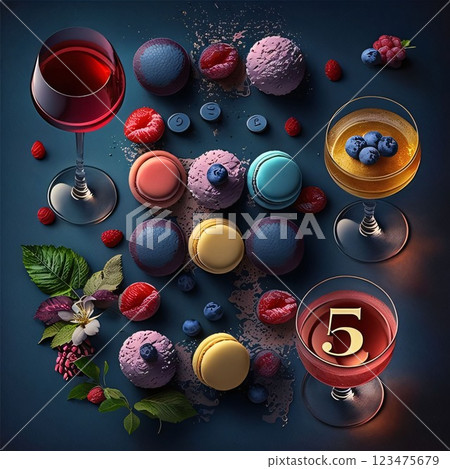 Glasses of red wine, macaroons, blueberries, raspberries and strawberries on a dark background 123475679