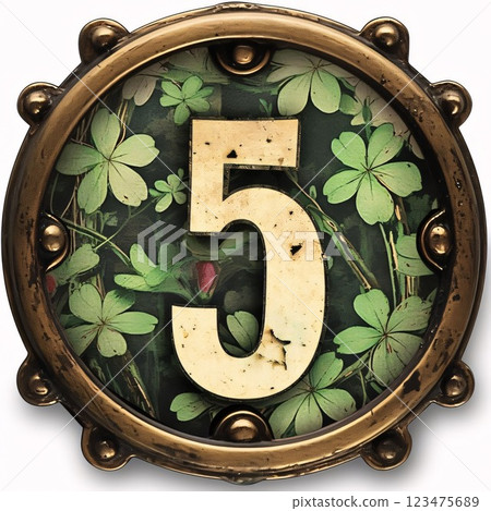 Number 5 with four leaf clover in vintage metal frame on white background 123475689