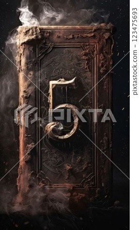 The old book on a dark background with smoke. The letter 5 The old book on a dark background with smoke. The letter 5 123475693