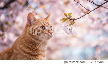 貓咪與櫻花/日本的春天 123475880