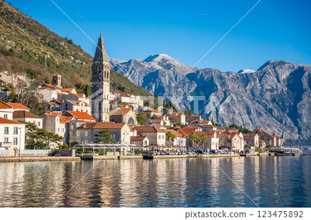 Panorama view of the historic town at famous Bay of Kotor with boats in winter time Panorama view of the historic town at famous Bay of Kotor with boats in winter time 123475892