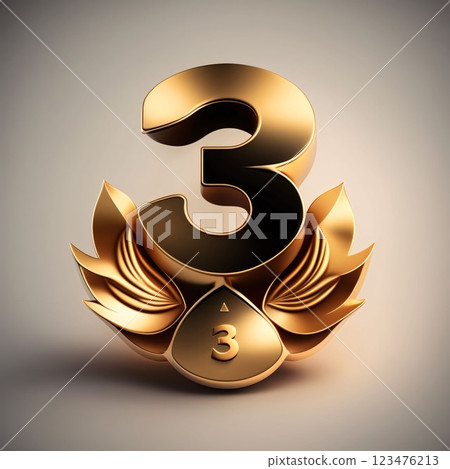 3d golden number three with wings and laurel wreath. 3d rendering 123476213