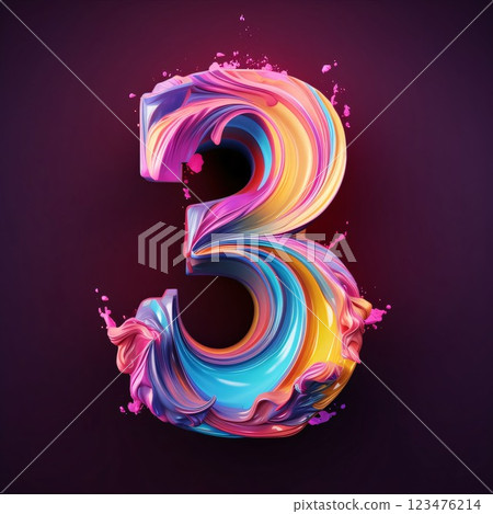 3d vector colorful number 3. 3d font with paint splashes isolated on black background 123476214