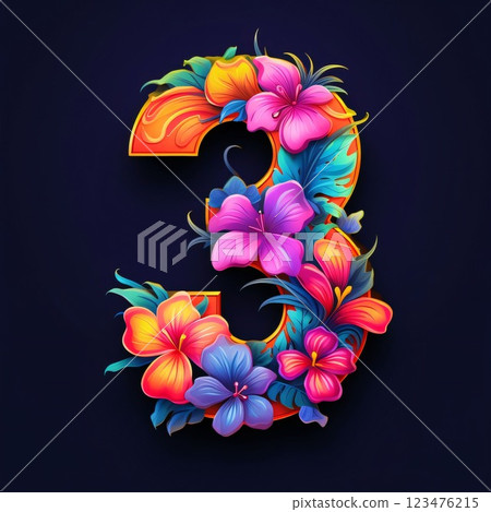 3d colorful floral alphabet. 3 number with hibiscus flowers 123476215