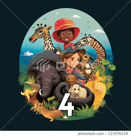 Children in safari theme with animals and safari hat illustration. 123476239