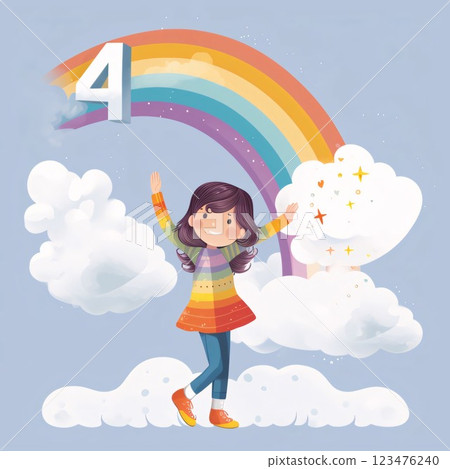 Number 4 with cute girl and rainbow on the blue background vector illustration Number 4 with cute girl and rainbow on the blue background vector illustration 123476240