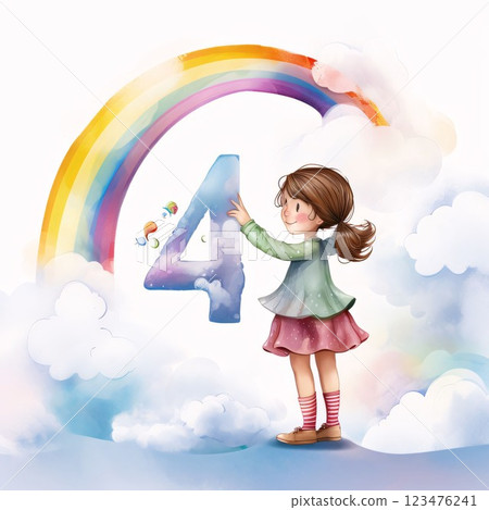 Illustration of a little girl holding the letter 4 with a rainbow 123476241