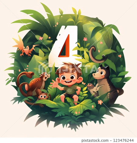 Cute little boy playing with animals in the jungle. Vector illustration. 123476244