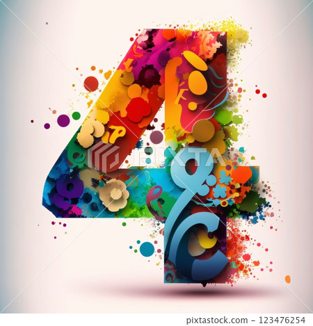 Colorful grunge number 4 with floral ornament. Vector illustration. 123476254