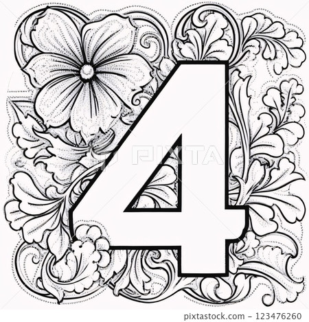 Floral number 4. Black and white vector illustration for coloring book. Floral number 4. Black and white vector illustration for coloring book. 123476260