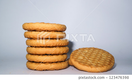 Chocolate biscuit snacks stacked on a white background 123476398