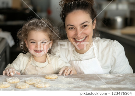 A cheerful young mother and her curly-haired child, both covered in flour, laugh while baking homemade cookies in a warm kitchen. A scene of joy, family bonding, and childhood memories 123476504
