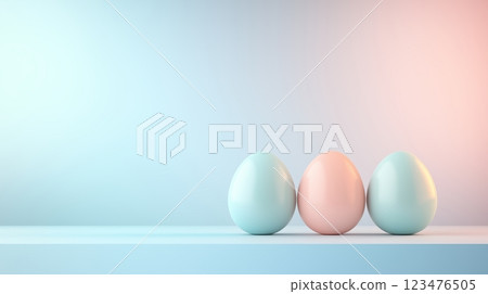 Greeting card of pastel-colored eggs on soft gradient background 123476505