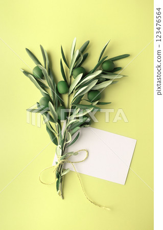 Olive branch with green olives and blank card on light yellow background. Nature-inspired mockup and eco-friendly concept. 123476564