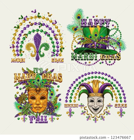 Carnival Mardi Gras labels with masquerade masks, beads, feathers, text. Vintage illustrations on white background. For prints, clothing, t shirt, holiday goods design 123476667