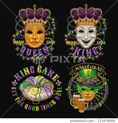 Carnival Mardi Gras labels with masquerade masks, crown, festive food king cake, beer, beads, glossy text. Vintage illustrations on black background. For prints, clothing, t shirt, holiday design 123476668