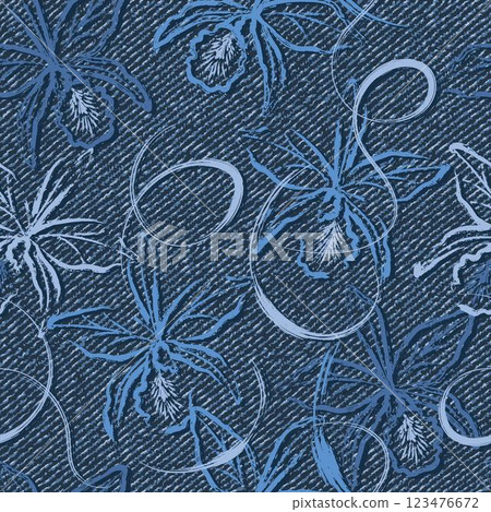 Abstract blue denim pattern with orchid flower, abstract smudged paint. Random chaotic composition. For apparel, fabric, textile, sport goods. Grunge texture Abstract blue denim pattern with orchid flower, abstract smudged paint. Random chaotic composition. For apparel, fabric, textile, sport goods. Grunge texture 123476672