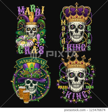 Carnival Mardi Gras labels with human skull, crown, festive garlands, king cake, beer, beads, glossy text. Black background. For prints, clothing, t shirt, holiday design Carnival Mardi Gras labels with human skull, crown, festive garlands, king cake, beer, beads, glossy text. Black background. For prints, clothing, t shirt, holiday design 123476674