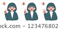 Illustration set of a woman making gestures from 1 to 3 with her right hand 123476802