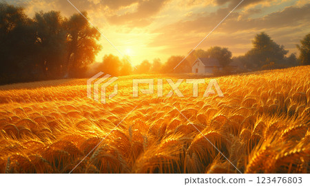 金色的麥田在夕陽的照耀下閃閃發光。耳朵在風中搖曳。遠處有一座小農舍，天空是橘色的 123476803