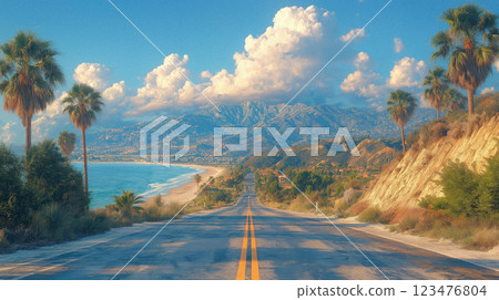 The beginning of summer brings a road trip along the suburban seaside. The road illuminated by golden sunlight leads to the coastline. 123476804