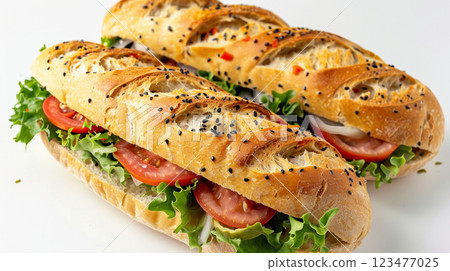 Fresh baguette sandwiches with lettuce, tomato, and onion on white background. 123477025